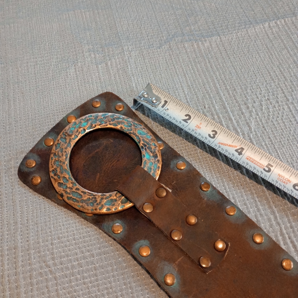 Designer Brown Leather Belt With Bronze Studs and Verdigris - Picture 6 of 8